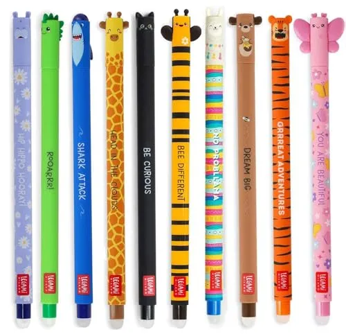LEGAMI - 10er Set Gel-Radierstifte, Erasable Pen, Stifte mit radierbarer Tinte, Gelschreiber Radierbar ohne Blatt zu verbrauchen, 0,7 mm Spitze, verschiedene Tintenfarben und Tiermotive