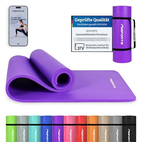 MSPORTS Gymnastikmatte Premium inkl. Tragegurt + Übungsposter + Workout App I Hautfreundliche Fitnessmatte 190 x 100 x 1,5 cm - Violett - Phthalatfreie Yogamatte