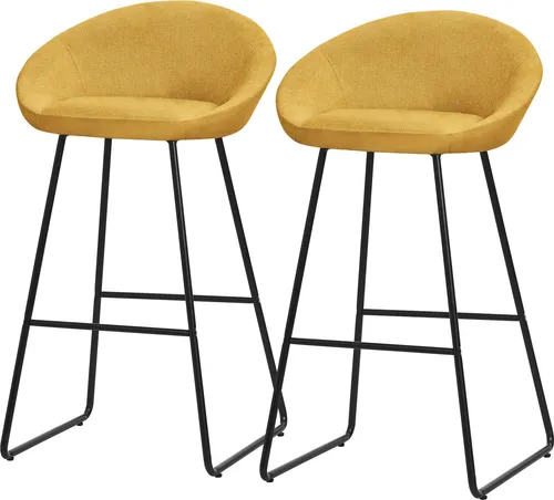 ML-Design Barhocker 2er Set Senf Stoffbezug 75 cm hoch Gepolsterte Barstühle mit Metallgestell Rückenlehne & Fußstütze Küchenstühle Bistrohocker