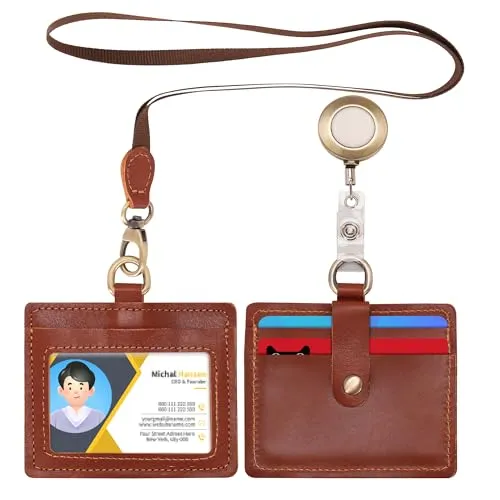 Wonderpool Leder Horizontale Ausweishalter Kartenfächer Ausweishülle mit Abnehmbarem Umhängeband Ausziehbare einziehbare Rolle für Ausweise Kartenhalter und Führerschein (Rotbraun)
