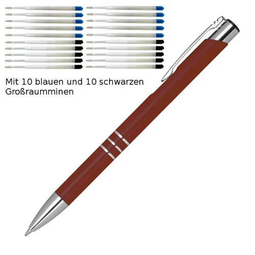 Kugelschreiber aus Metall / je 10 schwarze + blaue Minen / Farbe: bordeaux 10