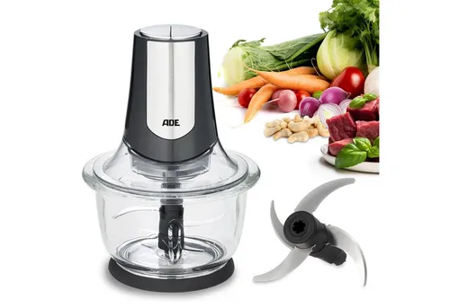 ADE Elektrischer Zerkleinerer 500 W - Zerkleinerer für Gemüse, Obst & Fleisch mit 1,2 L Glasbehälter, 4 langlebigen Edelstahlklingen und spülmaschinengeeigneten Teilen für einfache Reinigung.