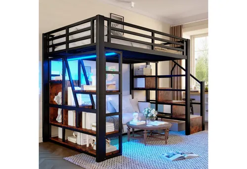 Stilvora Hochbett Schwarz, 140x200 cm, für Kinderzimmer - Optimales Hochbett für kleine Räume, nutzt die Höhe perfekt aus. Mit zusätzlichem Stauraum und integriertem Regal sorgt es für Ordnung und Flexibilität im Kinderzimmer.