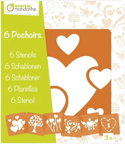 MY MANDARINE 42640O - Schablonenset für Kinder ab 3 Jahre mit 6 Schablonen 15x15 cm, Herzen, Transparent orange, 1 Set