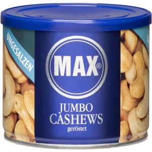 MAX Cashewkerne Jumbo Cashews, ganze Nüsse, geröstet und ungesalzen, in der Dose, 225 g