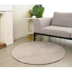 VIMODA Teppich Wohnzimmer Schlafzimmer Flauschig, kurzflorig – waschbar und Fußbodenheizung geeignet,Farbe:Beige;Maße:Ø 80 cm Rund