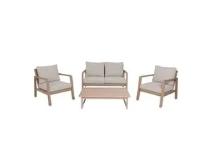 Lounge-Set SAN MATEO, 4-teilig mit Kissen - Gartenmöbel aus 100% FSC-zertifiziertem Eukalyptusholz, ideal für Terrasse oder Garten. Strapazierfähiges Kunststoffgeflecht in washed braun sorgt für Langlebigkeit und Stil.