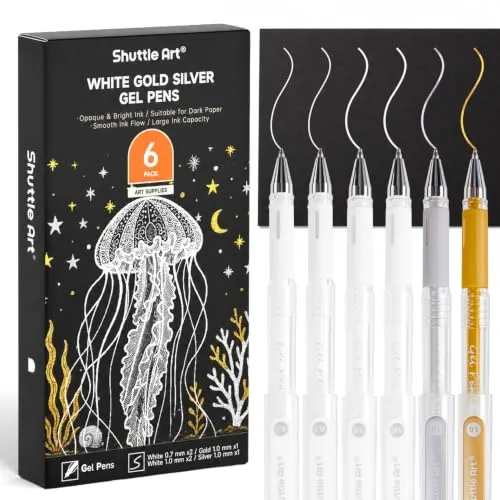 Shuttle Art Gelstifte Weiß, mit Gold & Silber, 6 Stück Gelstifte Set | 0,7mm & 1,0mm Metallic Stifte für Malbuch für Erwachsene, Weißer Stifte für Schwarzes Papier & Journaling & Scrapbooking