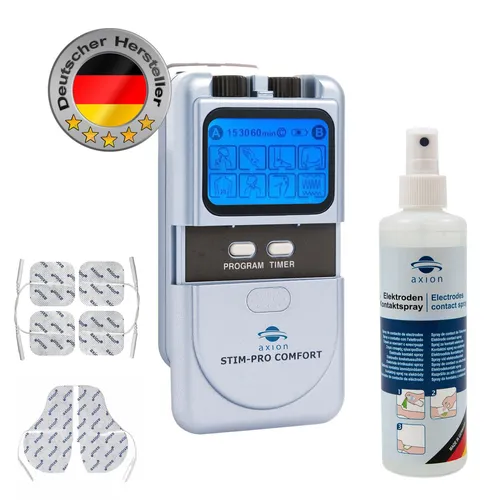 axion TENS-Gerät STIM-Pro Comfort | Schmerztherapie leicht gemacht - Muskel- & Nervenstimulationsgeräte: Zertifiziertes TENS-Gerät mit 8 Programmen zur effektiven Schmerztherapie ohne Medikamente, ideal für Nacken, Rücken und Gelenke.