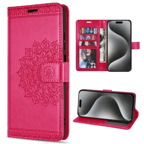 Hülle Kompatibel mit Apple iPhone 15 Pro | Klapphülle Schutzhülle mit Kartenfächer Kompatibel für iPhone 15 Pro | Magnetverschluss Flip Case | Pink