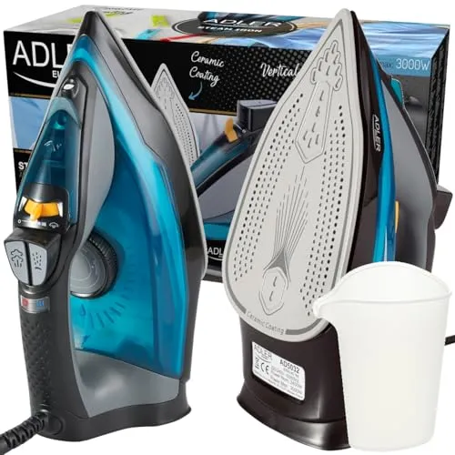 Adler Dampfbügeleisen 3000 Watt AD5022 - Bügeleisen mit hochwertiger Edelstahlsohle und Anti-Kalk-System für müheloses Bügeln. Ideal für Bekleidung, bietet vertikales Dampfbügeln und hohe Leistung von 2200 W.