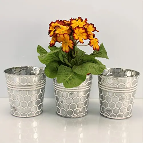 OF 3 Silberne Blumentöpfe aus Metall im Set mit Wabenmuster - Kräutertopf Blumentopf rund (3er Set Mittel P66)