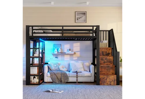 Odikalo Hochbett Metallbett 90x200 140x200 mit Stauraum,LED (Hochbett, 90 x 200 cm, Eisenrahmen, Ablagefach, integrierte Stufen, Schutzgeländer, Leiter, mit LED-Lichtleiste, offener Stauraum unter dem Bett, Matratze nicht im Lieferumfang enthalten)