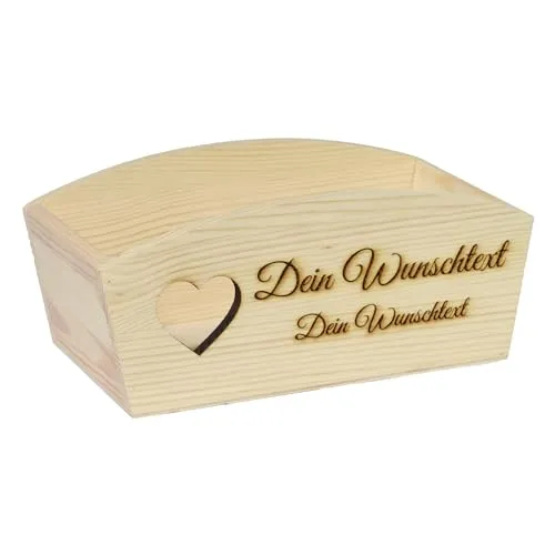 CHICCIE Geschenkkorb Personalisierbar Wunschtext mit Herz 24x13x8cm Abgerundet Präsentkorb Holz Geschenkidee Holzkiste Hochzeit Geburtstag Ruhestand Personalisierung