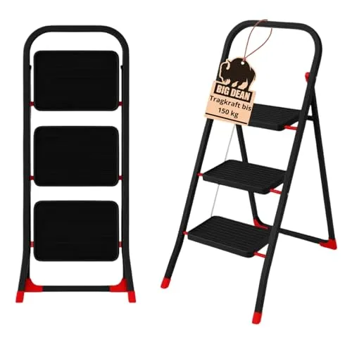 BigDean Trittleiter 3 Stufen klappbar - TÜV-geprüfte Sicherheit bis 150 kg - Haushaltsleitern - Sicheres Arbeiten mit TÜV-geprüfter Qualität und stabiler Anti-Rutsch-Oberfläche. Ideal für jeden Haushalt!