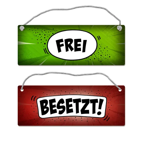 Comic-Stil Wendeschild Besetzt oder Frei für Toilette - Campingausrüstung: Witziges Wendeschild im Comic-Stil, ideal für Toiletten, mit Kordel zum einfachen Wenden. Klare Anzeige, ob besetzt oder frei – perfekt für den Einsatz unterwegs!