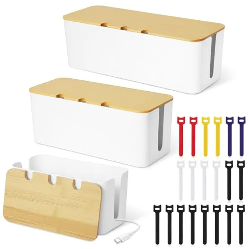 Stück Kabelbox Weiß, Kabelmanagement Box, Kabel Box mit Holzdeckel, Cable Management Box mit 20 bunten Kabelbindern zur Aufbewahrung, zum Verstecken und Ordnen von Kabeln in Groß, Mittel und Klein 3