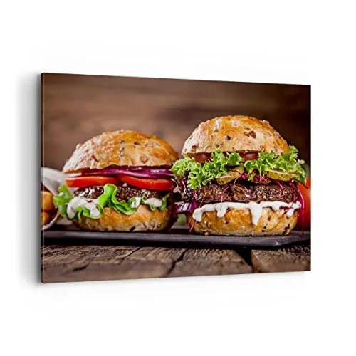 Bilder auf Leinwand 100x70cm Leinwandbild Amerikaner Hamburger Essen Barbecue Groß Wanddeko Bild Schlafzimmer Deko Wandbilder Dekoration Wohnzimmer Wall Decor Canvas Wand Kunstdruck Art AA100x70-2869