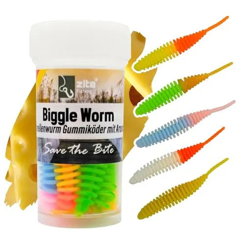 Zite Fishing Biggle Worm Gummiköder | 8 Stück Lamellen-Gummiwurm für Ultra Light Forellen Angeln | Made in Germany | 100% Phthalatfrei (Schock, Käse)