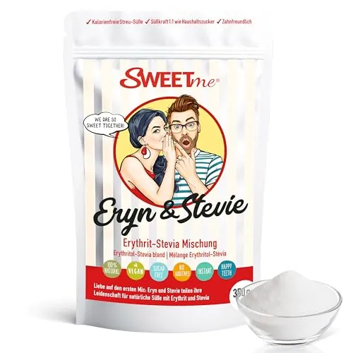 SWEETme® Erythrit Stevia Mix 350 g – Eryn & Stevie, Zuckerersatz 0 Kalorien, Streusüße 1:1 wie Zucker, zahnfreundlich, perfekte Zuckeralternative Erythritol Stevia Mischung