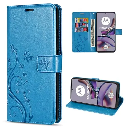 betterfon Hülle Kompatibel mit Motorola Moto G13 / G23 | Premium PU Leder Handyhülle Wallet Case für Moto G13 / G23 | Schutzhülle Blumen Klapphülle Handyhülle | Blau