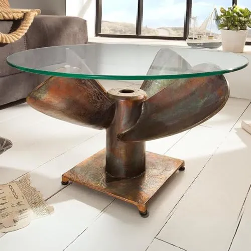 LEBENSwohnART Design Couchtisch ELICA 60cm - Maritimer Kupfer Tisch mit Glasplatte - Wohnzimmertisch aus Handarbeit mit einzigartigem Schiffsschrauben-Design, ideal für ein maritimes Ambiente. Maße: 60 x 35 x 60 cm.