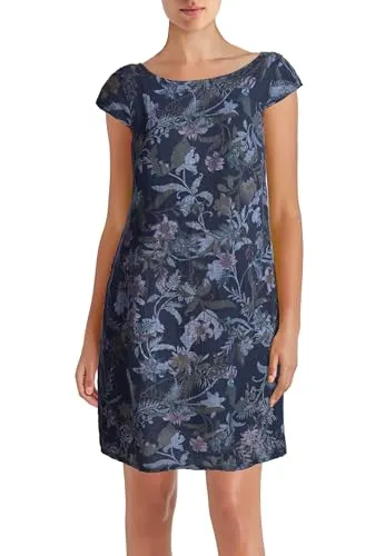 PEKIVESSA Leinenkleid Knielang mit Blumen-Print Kurzarm Marineblau 46 (3XL)