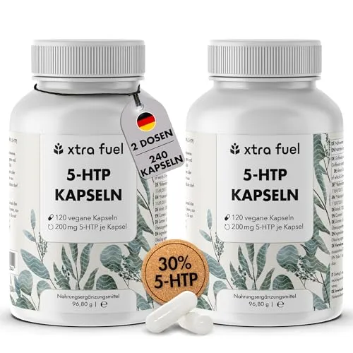 5-HTP Kapseln - Hochdosiert mit 200 mg pro Kapsel - 240 vegane Kapseln mit hochwertigem Griffonia-Extrakt, ideal für die tägliche Einnahme. Praktischer 2-Monats-Vorrat für deine Routine, entwickelt in Deutschland.