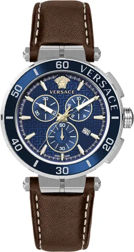 Versace VE3L00122 Greca Chrono - Elegante Herrenarmbanduhr - Armbanduhren für Herren mit stilvollem silber-blauen Design und hochwertigem Lederarmband, ideal für besondere Anlässe und den täglichen Gebrauch.