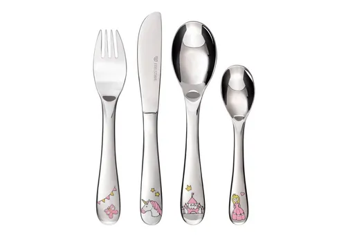 GRÄWE Kinderbesteck 4-teilig PRINZESSIN, Edelstahl - Hübsches Kinderbesteck mit Prinzessinnen-Motiven, ergonomisch für kleine Hände und mit Karton, der als Bilderrahmen genutzt werden kann. Ideal für kleine Feinschmecker!