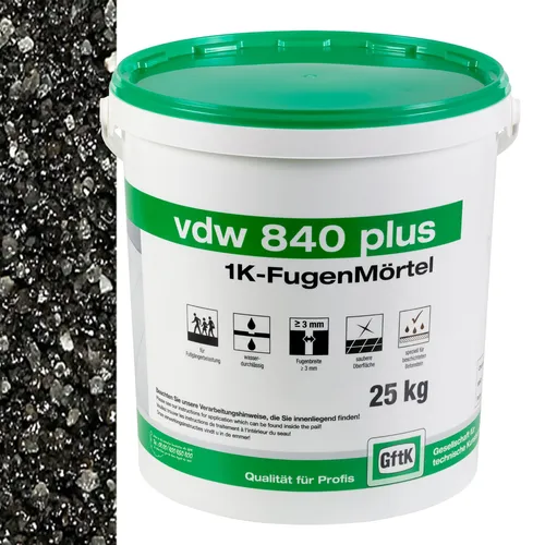 VDW 840 Plus 1K Fugenmörtel 25 kg (Basalt) - Fugenmörtel für enge Fugen ab 3 mm, selbstverdichtend und gebrauchsfertig, ideal für nahezu bindemittelfreie Beläge, mit viel Wasser einschlämmbar ohne Qualitätsverlust.