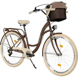 Milord Komfort Damenfahrrad mit Korb, 28 Zoll, Braun, 7-Gang - Stilvolles 28 Zoll Hollandrad für Damen mit komfortablem Sattel und LED-Lichtern. Ideal für entspannte Stadtfahrten und tägliche Erledigungen. 7-Gang Shimano Tourney für müheloses Fahren.