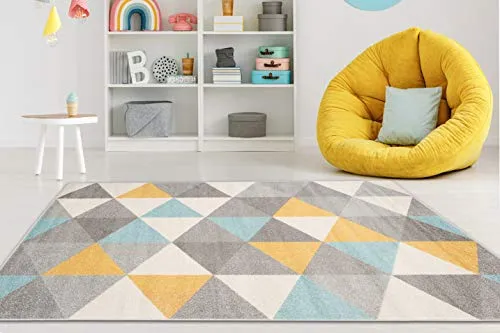 Carpeto Rugs Teppich Wohnzimmer Kurzflor Grau Modern Geometrisch Rauten Muster - Niedrigflor Teppich für Wohnzimmer Jugenzimmer Kinderzimmer/Öko-Tex Pastell Grau Gelb Türkis 140 x 190 cm
