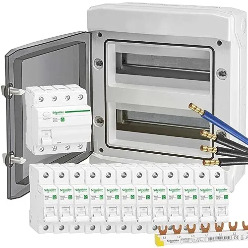 WITTKOWARE Feuchtraum-Verteilungsset, 2-reihig IP65 mit FI-Schalter - Verteilerkästen für feuchte Räume, komplett mit FI-Schalter, 12 LS-Schaltern und Verdrahtungssatz – perfekte Lösung für sichere Elektroinstallationen im Außenbereich.