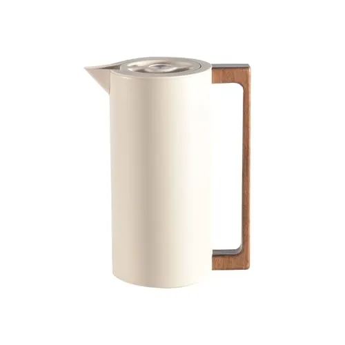 Thermoskanne Kaffeekannen Edelstahl Vakuum Isolations, Mit Holzgriff Und Einfachem Sicherheitsdruckknopf, Für Zuhause, Hotel, Büro (Beige,1.5L)