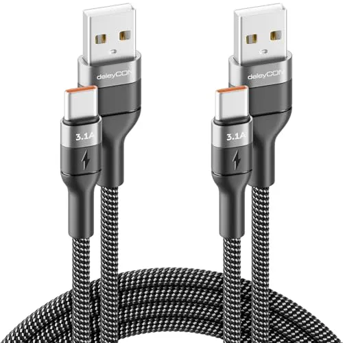 deleyCON 2m USB-C Kabel 3.1A USB-A auf USB-C, 2 Stück | Ladekabel Datenkabel für iPhone 17/16/15 Pro Max Air, Galaxy A16/A56/S26/S25/S24/S23, Pixel, iPad, MacBook, PS5