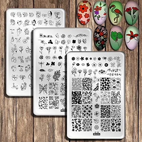 Nagel Schablone Stempel Für Nägel, 3 Stück Xl Nail Stamping Plate, Blumen Abstraktes Gesicht Flamingo Muster Nagel Stamping Schablonen, Nagelspitzen Stempel Nagel Nagelschablonen Set Frauen Mädchen