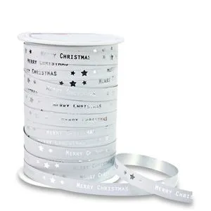 Präsent Geschenkband Merry Christmas, weiß, Kräuselband, 10mm x 100m, matt glänzend