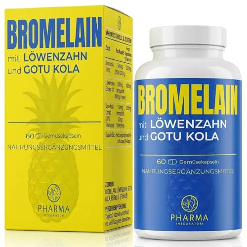 Bromelain Kapseln 400 mg – 2500 GDU/g Bromelain aus Ananas – 60 Kapseln | Bromelain 2500 GDU/g mit Diosmin, Quercetin, Löwenzahn & Centella – 1 Kapsel täglich – 60 Portionen
