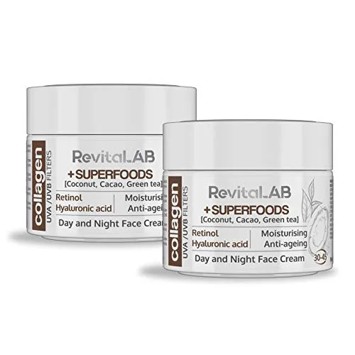 RevitaLAB Anti-Ageing Tages- und Nacht-Feuchtigkeitscreme mit Kollagen, angereichert mit Hyaluronsäure, Superfoods, Vitaminen und einem UVA-/UVB-Filter, für Alter zwischen 30 bis 45, 2x 50 ml