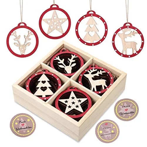 KOHMUI Christbaumschmuck Holz Set, Weihnachtsdeko Anhänger, Weihnachtsdekoration Baumschmuck zum Hängen, 24 Christbaum Hirschkopf Rentier Stern Weihnachtssnhänger mit 18 Frohe Weihnachten Aufkleber