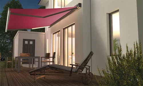 Kassettenmarkise 3,5x2,5 Stoffdessin 5836 (Berry) mit Motor und dunklem Gestell - Elegante Kassettenmarkise in Berry-Design, ideal für Terrassen und Balkone. Mit motorisiertem Betrieb für höchsten Komfort und ein modernes Gestell in DB703.