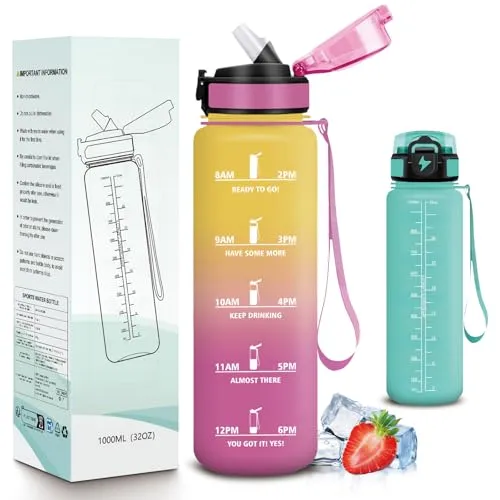 Mujigaga Trinkflasche 1l, Trinkflasche Sport, Wasserflasche mit Strohhalm, Flasche mit Zeitmarkierung und Schnürung, Wasserflasche Auslaufsichere Flasche für Fitnesss, Fahrrad, Outdoor, Büro