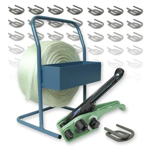 VEMATEC Umreifungsset gewebt HD 25 mm, 400 m Umreifungsband mit Bandspanner, Abroller und Drahtverschlussklemmen