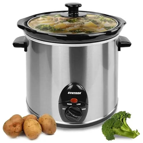Syntrox Germany 3,0 l Slow Cooker | Schmortopf | Schongarer | Multikocher Delira, Edelstahl, Warmhaltefunktion, Keramik Servierschüssel, rutschsichere Standfüße, Spülmaschinengeeignet