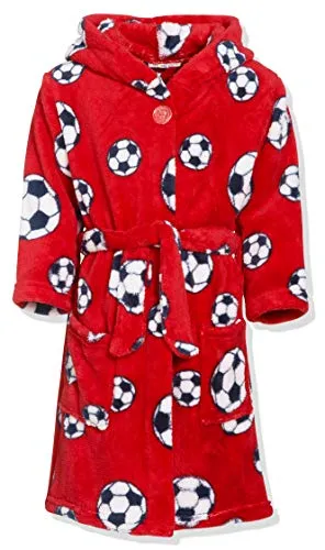 Playshoes Jungen Fleece-Bademantel Fußball 340151, 8 - Rot, 110-116 - Bademäntel für Jungen, flauschig weich und mit großer Kapuze, ideal zum Aufwärmen nach dem Schwimmen oder Baden. Oeko-Tex zertifiziert für Schadstofffreiheit.