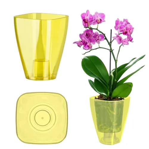 KADAX Blumentopf, schlanker Orchideentopf, Schlichter Pflanzkübel, Blumenkübel für Orchidee, Knabenkraut, Gänseblümchen, Übertopf für Küche und Wohnzimmer (⌀ 12cm, eckig, Gelb)