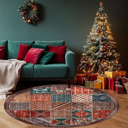 Teppich gegend Rund Große Wohnzimmer Round 200 cm Durchmesser, Kurzflor Wohnzimmerteppich Bunt Vintage Patchwork Rot Braun Orange Gelb Dunkelgrün Blau Carpet Living Room