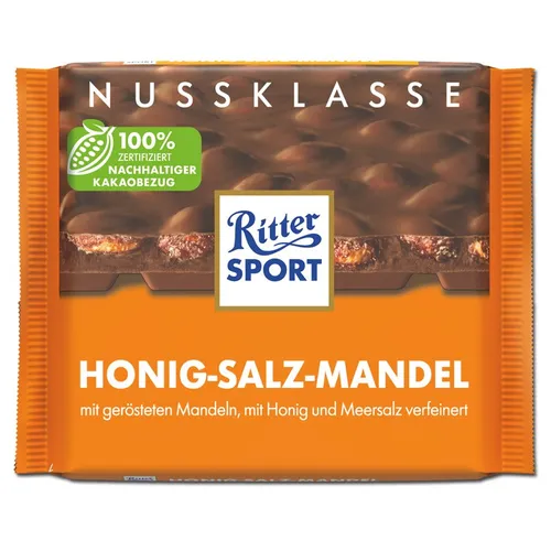Ritter Sport Honig-Salz-Mandel Schokolade 100g - Tafelschokolade mit Vollmilchschokolade, verfeinert mit Mandeln, Salz und Honig für ein unwiderstehliches Geschmackserlebnis.