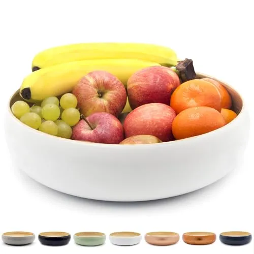 Dehaus® Groß Stilvolle Handgemacht Bambus Schüssel 30cm, als Obstschale, Salatschüssel oder Brotkorb, Obstkorb aus Holz, moderner Holzschale, große runde Schale (Weiß)